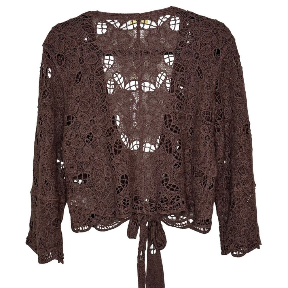 House of Harlow 1960 Brown Lace Tie Front Ruffle Sleeve Blouse NWT One Size - Picture 2 of 8